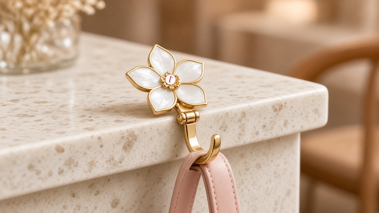 The Bloom hook resting on a marble edge, blush bag hanging below
