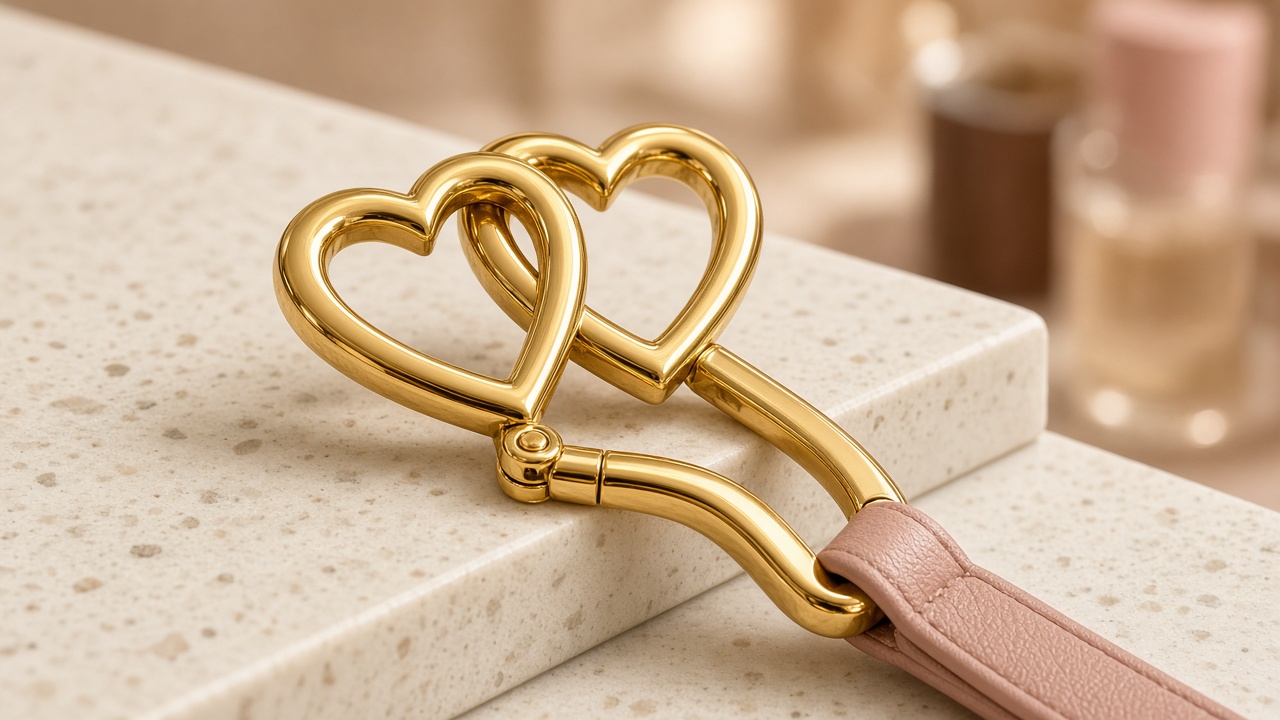 The Linked Hearts concept image: hook resting on a marble edge holding a blush bag